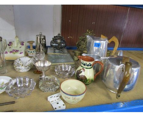 A mixed lot to include Picquot ware, a brass inkstand, a Mappin and Webb teapot, a silver topped jar and other items