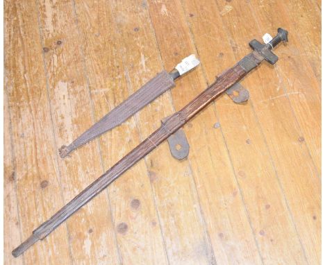 An African sword, with a leather scabbard, lacks scabbard tip, and a short sword/dagger, with a leather scabbard (2)

 