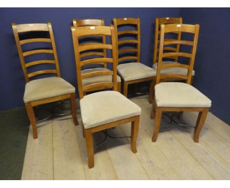 6 contemporary Oak ladder back dining chairs with upholstered seats 109H x 51W x 44D cm 