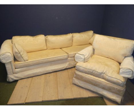 3 Seater cream upholstered sofa (63H x 257W x 91D cm) with matching armchair (81H x 94W x 81D cm)