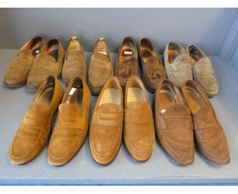 7 Pairs of mens light brown suede loafers, 3 pairs very worn, makers to include Shipton &amp; Heneage size 8 