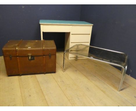 White desk with drawers, glass topped coffee table &amp; old trunk 