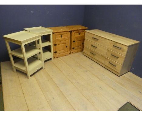 A chest of three short over three long drawers. Two bedside tables and two small shelf units 