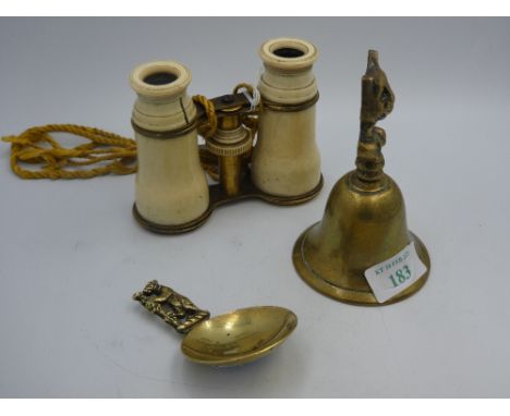 'Felix the Cat' brass bell, Warwick brass caddy spoon &amp; pair of Victorian ivory opera glasses (as found) 