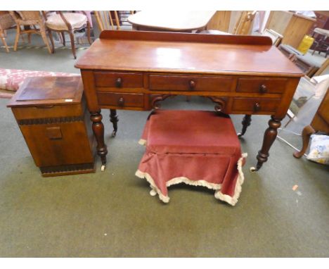 Small Victorian mahogany sidetable/ dressing table with central drawer flanked by 2 drawers to each side 117W cm &amp; stool,