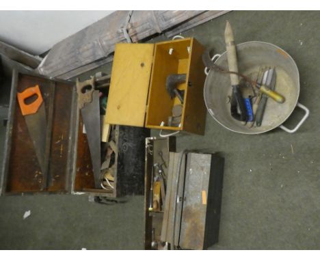 Carpentry chest with tools, metal tool box, selection of garden tools etc 