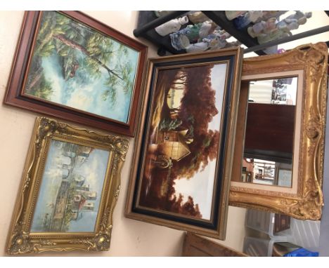 Three landscape oils; together with a mirror