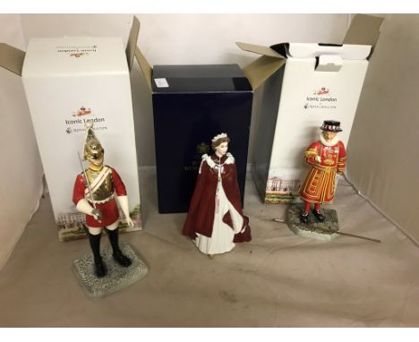 Two boxed Royal Doulton iconic London figures: 'Beefeater' and 'Lifeguard'; together with a Royal Worcester figure of the Que