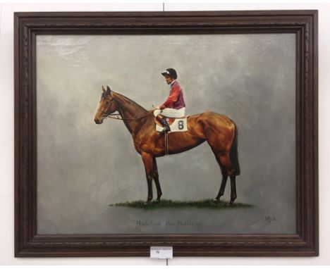 An oil on canvas portrait depicting a horse and jockey, Joe Mercer on Highclere, signed lower right