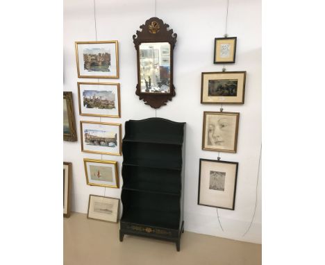 A painted waterfall bookcase; together with an oak mirror