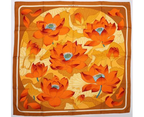 Vintage Hermes Fleurs de Lotus 100% silf scarf in Orange/Bronze/MultiDesigned by Christiane Vauzelles in 1961,Vauzelles (this