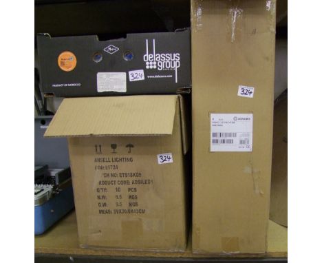 Ten boxed led ceiling/ wall lights: four led panels 40w, mixed electrical and lighting accessories 