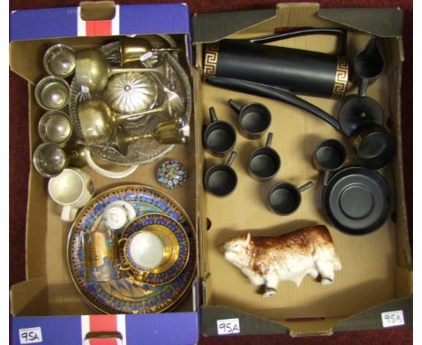 A black and gold Portmerion Greek key coffe set: together with a Melba ware bull, Milli Fliori paperweight etc ( 2 trays) 