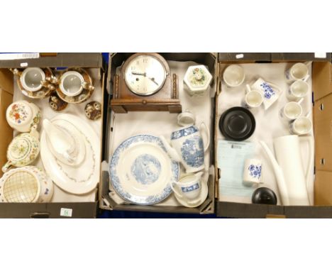 A mixed collection of items to include: oak mantle clock, Portmeirion style coffee set, Satsuma jars , masons item etc(3 tray