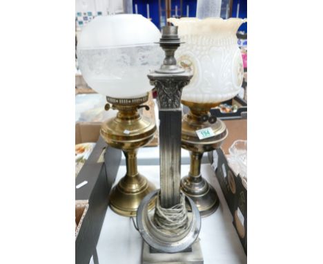 Two oil lamps with glass shades: together with a pillar lamp base (3) 