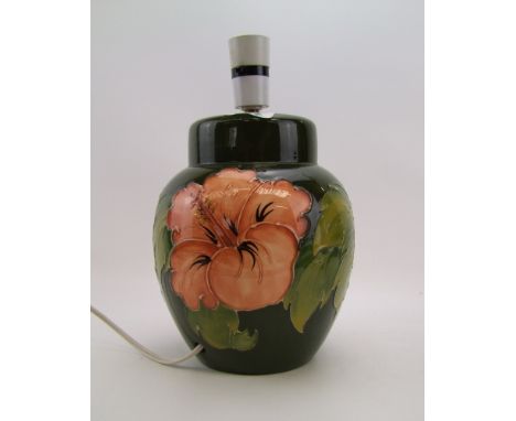 Moorcroft Hibiscus on Green Ground lamp base: height to fitting 22cm 
