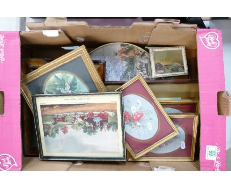 A collection of framed prints: to include floral designs, hunting scene, a Madryn miniture etc ( 1 tray) 