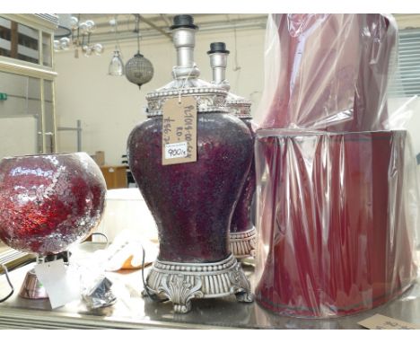 A Pair of Red Crackle Large Table Lamps together with similar ceiling light (3).(please refer to conditions on lot 599) 