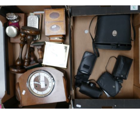 A collection of vintage cameras: to include Richol, Kodak instamatic 233x, Haling disc 208, zenith binoulars, wooden mantle c