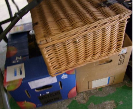 A quantity of Tetley and Guinness pint glasses: together with a wicker picinic hamper basket and contents 