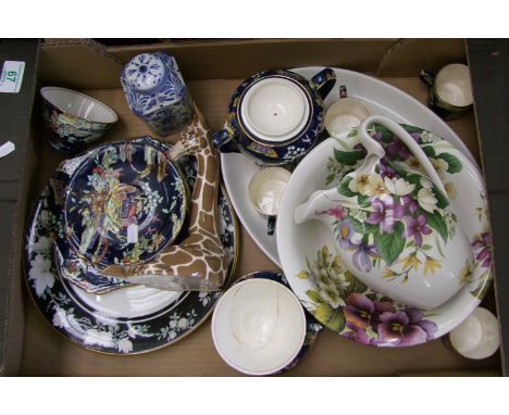 Royal Winton Pekin design part teaset: ( 2 saucers and 2 cups A/F), Delft lidded pot, Szeizer giraffe, Royal Doulton Intrigue