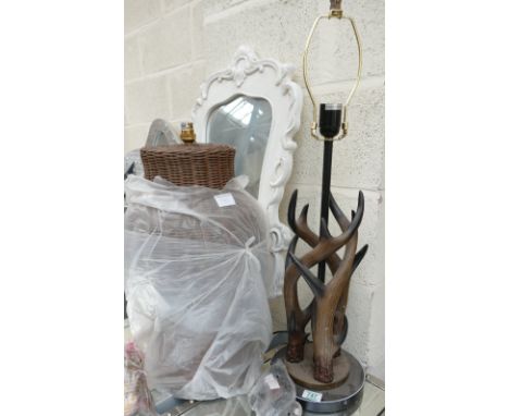 Wicker Effect Lampbase, Antler similar item and antique painted wall mirror (3):(please refer to conditions on lot 599) 