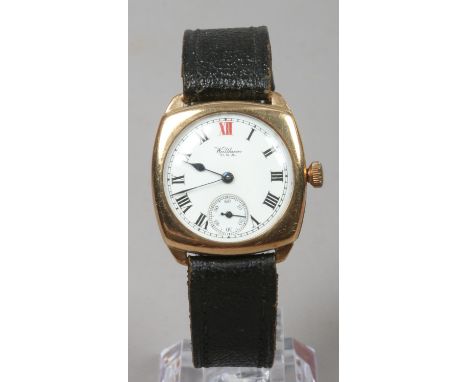 A gentlemans Waltham 9ct gold cased manual wristwatch with enamel dial having Roman numeral markers and subsidiary seconds, a