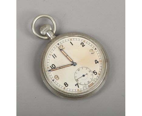 A Swiss made British military issue pocket watch with subsidiary seconds. Broad arrow mark to the back plate. Running.