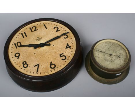 A Short & Mason brass bulk head barometer and a Smith electric bakelite cased wall clock (AF).