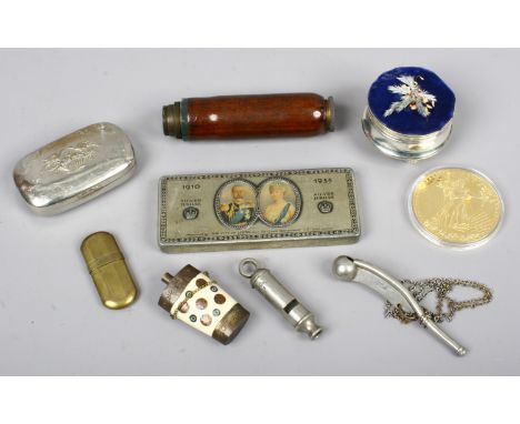 A box of collectables including George V commemorative tin, wooden cased torch, boatswains whistle and a powder flask etc.