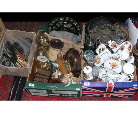 Two boxes of miscellaneous including Aynsley, Royal Worcester, Silver plate, glass decanters, mantle clocks, canvas satchels 