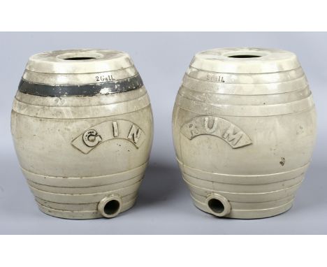 Two Victorian glazed stoneware spirit kegs for Gin and Rum