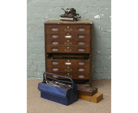 A Victorian mahogany tool chest (AF) two drawers missing and contents of engineers tools, along with a steel cantilever box a