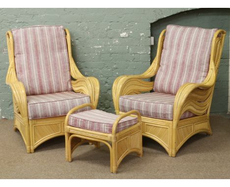 A four piece bamboo effect conservatory suite, consisting of sofa, two arm chairs and footstool.