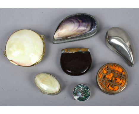 A box of snuff boxes and vesta cases etc including snuff formed form a nut and one from a mussel shell.