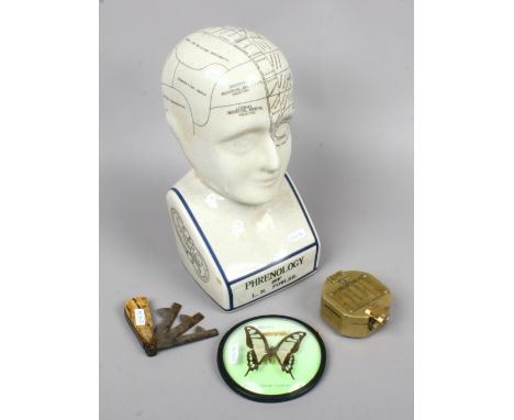 A group of collectables to include antique fleam with horn scales handle, L.N. Fowler phrenology bust brass cased compass, bu