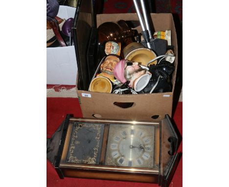 A box of miscellaneous to include character jugs Bells Scotch Whisky, commemorative ephemera, wall clock etc.