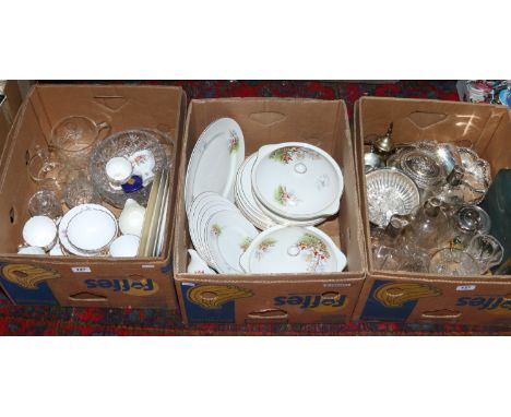 Three boxes of miscellaneous including silver plate, glass decanters, Royal Doulton series ware plate, Minton vases, bone chi