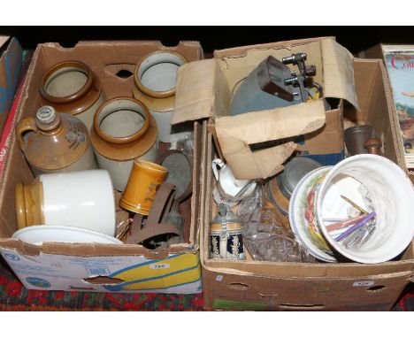 Two boxes of miscellaneous including stoneware vessels and old tools etc.