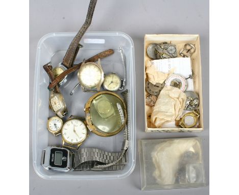 A box of ladies and gents vintage wristwatches and watch heads including a stainless steel digital bracelet watch etc.