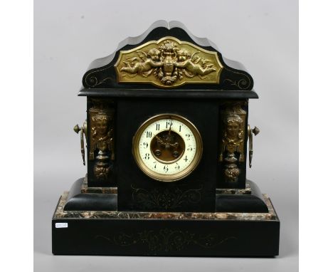 A large Victorian slate and marble mantel clock with visible anchor escapement and having gilt metal mounts.