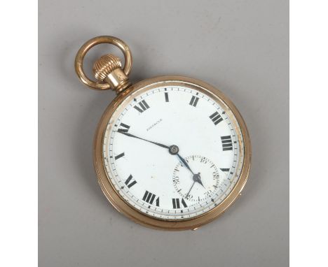 A Pinnacle rolled gold pocket watch with enamel dial and subsidiary seconds.