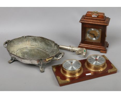 A group lot to include oak mantle clock, silver plate on copper twin handle dish, wall mounted clock/barometer and a toy wand