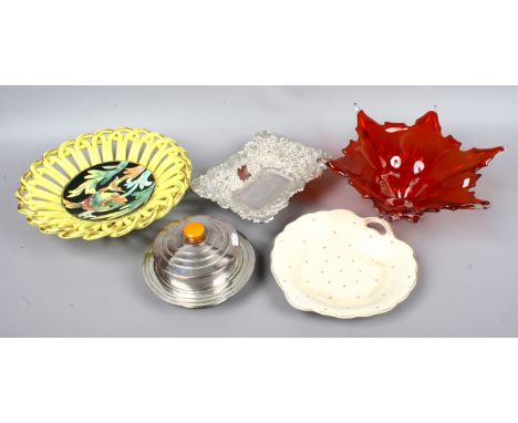 A group of decorative collectables including Charlotte Rhead Bursley ware dish, Art Deco silver plated muffin dish, a Murano 