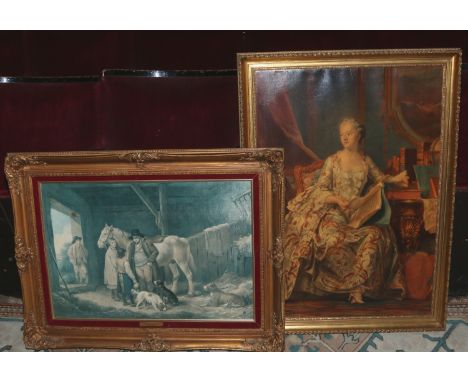 Two gilt framed prints one a portrait of a lady, the other a stable interior.