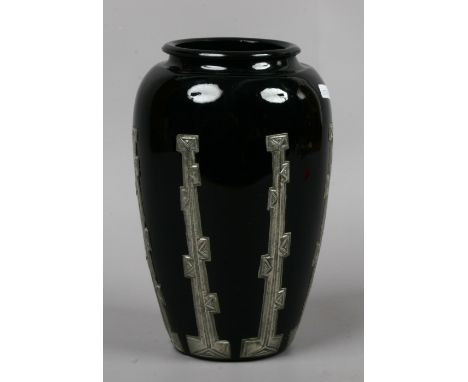 A Art Deco amethyst glass vase with white metal mounts.