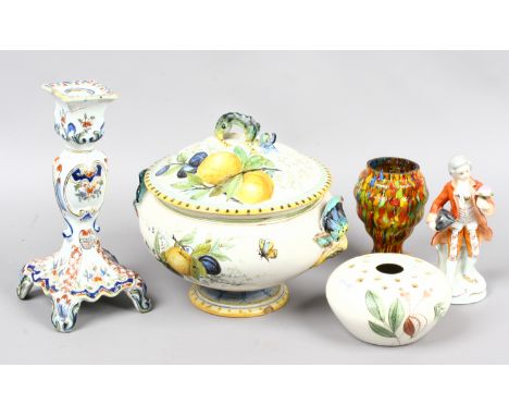 A collection of ceramics and glassware to include French Faience tureen and lid, French Faience candlestick, studio glass vas