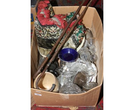 A box of miscellaneous including tapestry wall hanging, pewter teaset, ceramics and glass and two silver mounted walking stic