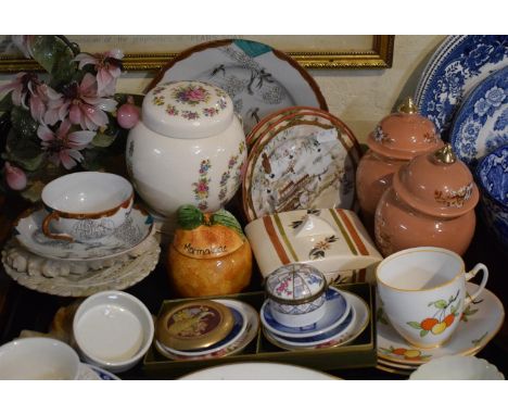 A Tray of Various Ceramics to Include Vintage Torquay Butter Dish, Pair of Vases, Marmalade Pot, Oriental Glass Flower etc 