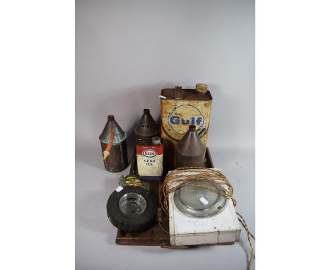 A Wooden Tray Containing Vintage Oil and Gear Oil Cans, AA Badge, Old Tram Light etc 